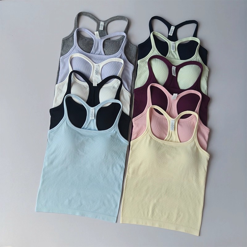 Pilates Yoga One - 夏の女性用ヨガキャミソールスポーツベスト、無地リブタンクトップ、ランニングブラトップ、ワンピースベスト、パッド入りシームレスジムピラティスベスト